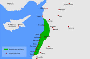 The map shows the area where the ancient Phoenician settlements where glass making tradition had its origins 