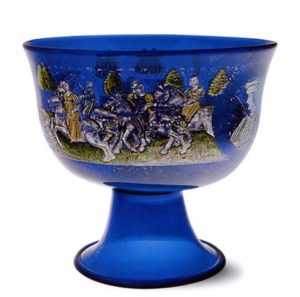 The image shows the magnificent glass nuptial cup made in 1460 by the great glassmaster Angelo Barovier, today in the Glass Museum of Murano